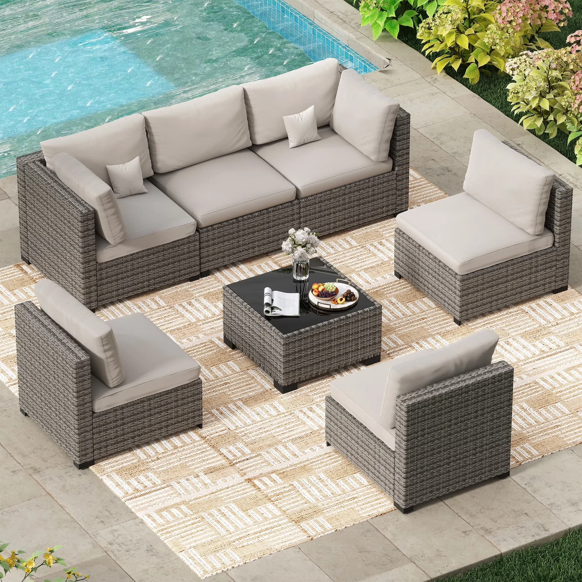 Premium Outdoor Sofas Sectional with Storage, Modern, 7 Piece Patio Furniture Set - Fabric, Cotton Model 439289