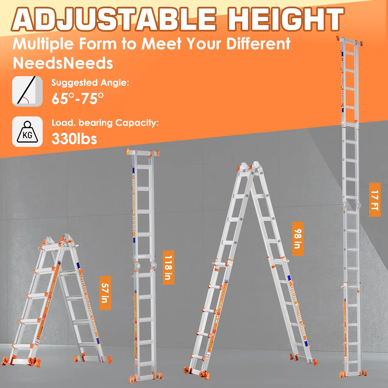Essential Ladders And Step Stool with Collapsible, Stabilizer Bar & Wheels, 332 lbs Security Load Extension Ladder - Aluminum Silver... Model 65AFCF
