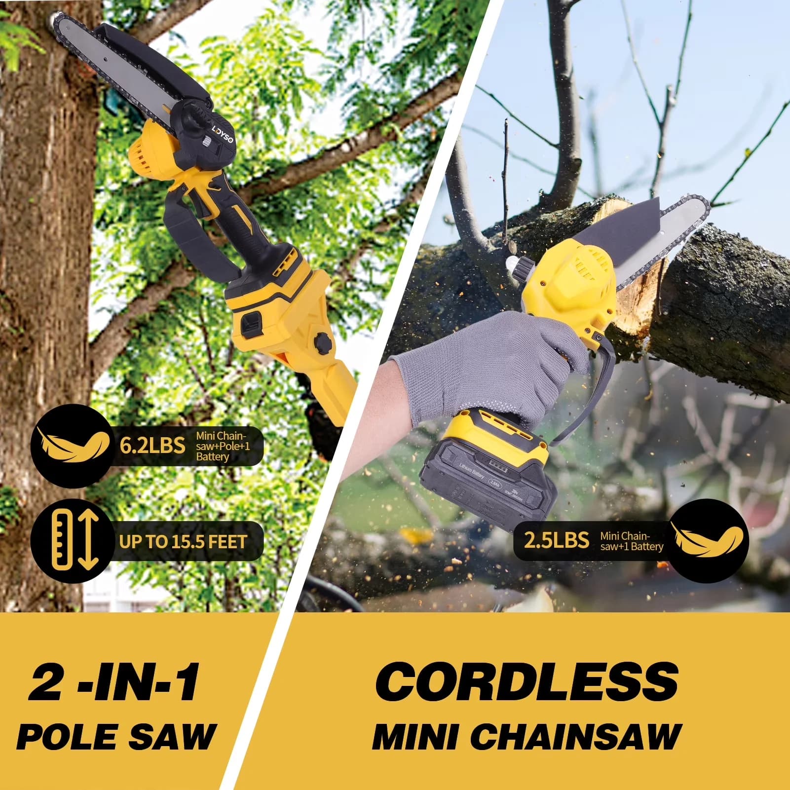 Versatile Pole Saw with Battery, Automatic Chain Oiler, Tool-Less Chain Tensioning - Yellow Model EAFC67