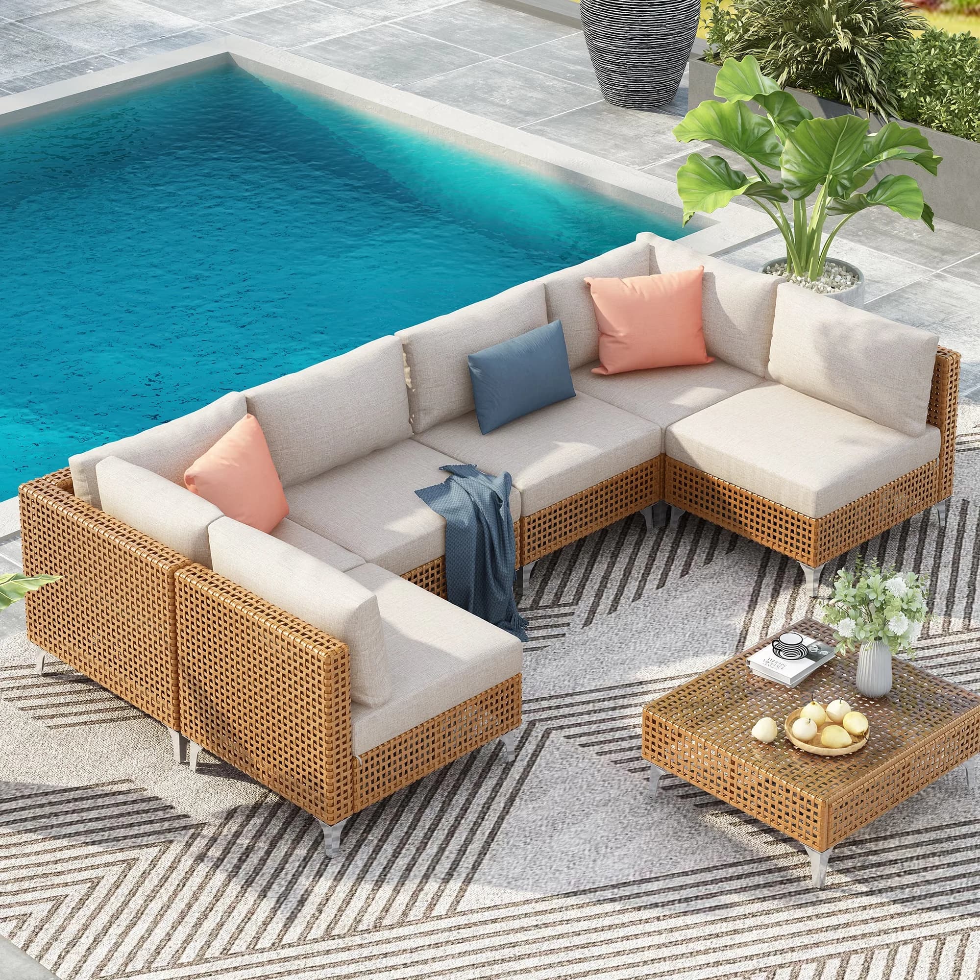 Premium Patio Conversation Set with Storage, Beige Thick Cushions, 7pcs Luxury Furniture - Pe Rattan+Steel+Polyester... Model 52A52D