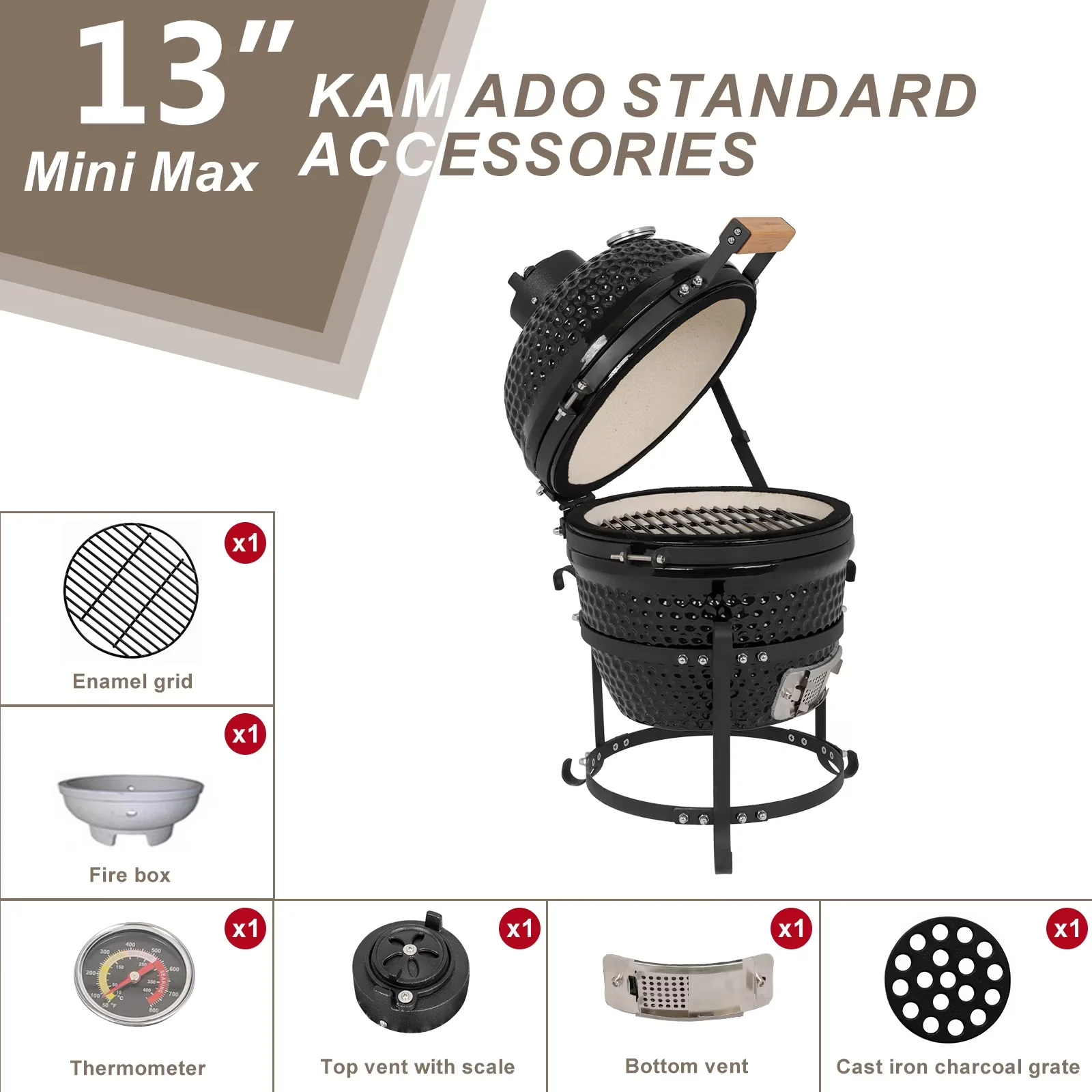 Premium Smoker with 13in Round Ceramic Charcoal Grill, Item Weight: 46pounds, Cooking Grid: 10.43 inch - Ceramic Black Model 0332AA