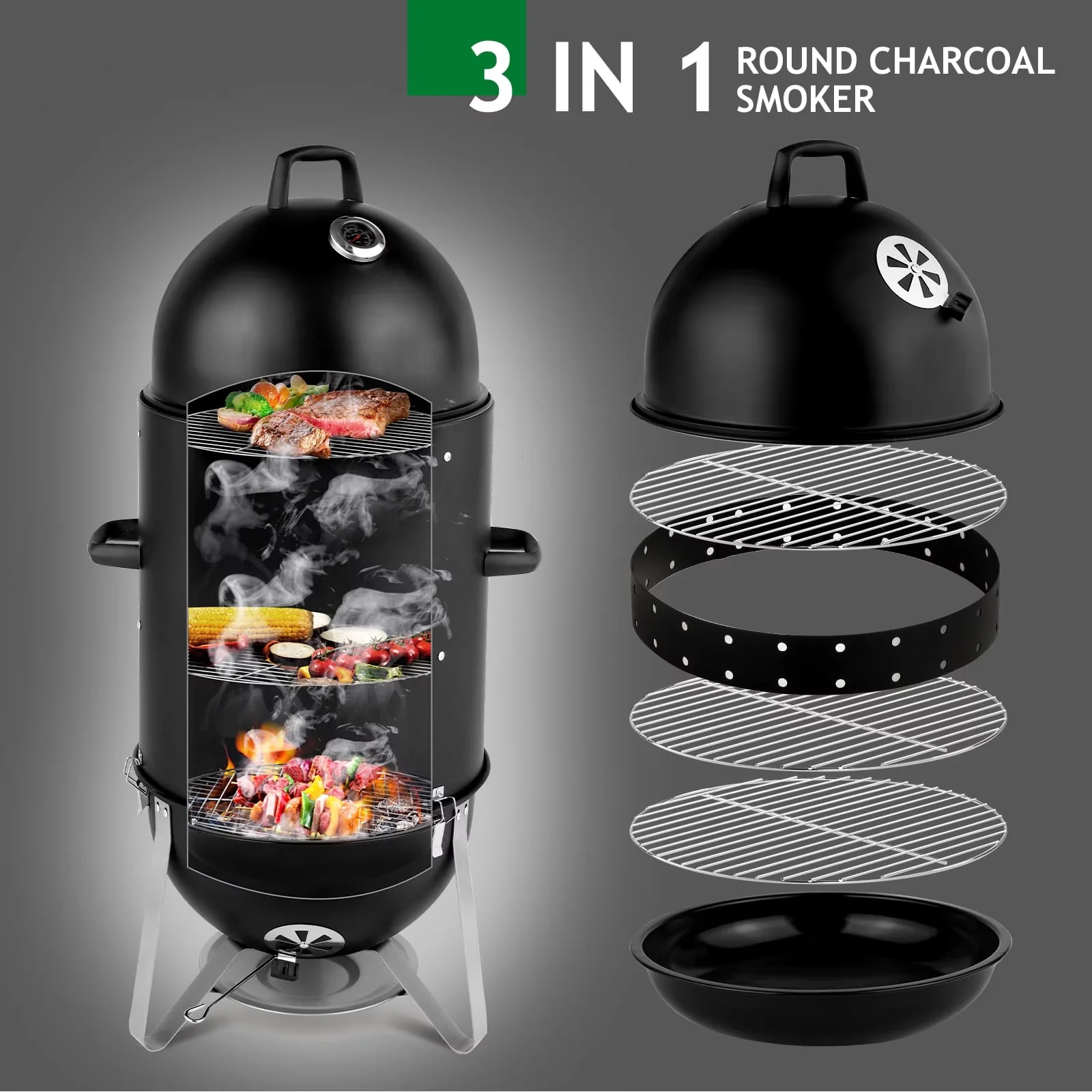 Compact Smoker with Removable Ash Catcher, Adjustable Air Vents, Heat Thermometer - Black Model D60689