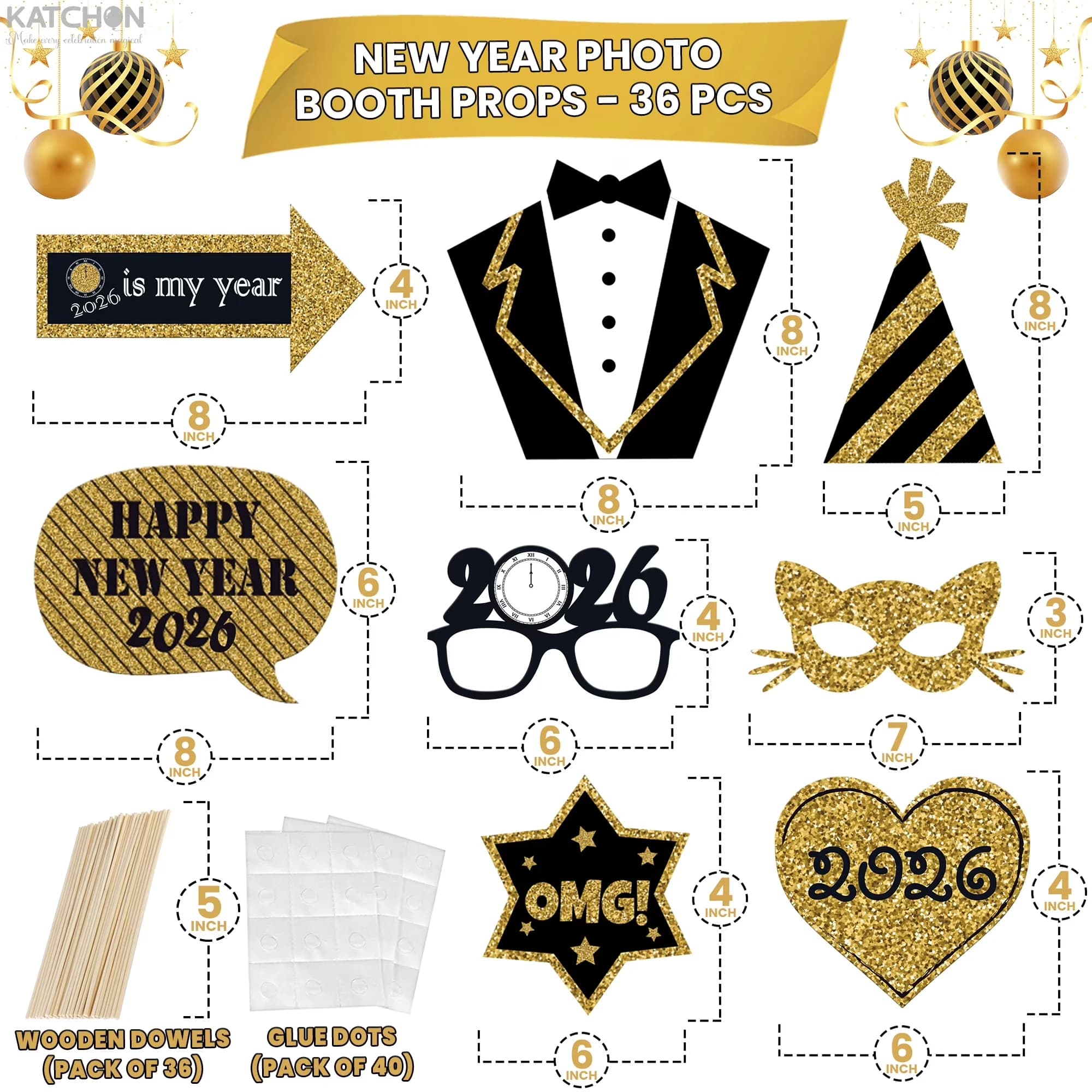 Premium Novelty Light with Glitter Photo Booth Props, Happy New Year Decorations 2026, Pack of 36 | Eve Photo Booth Props 2026 - Gold Model 9E6E20
