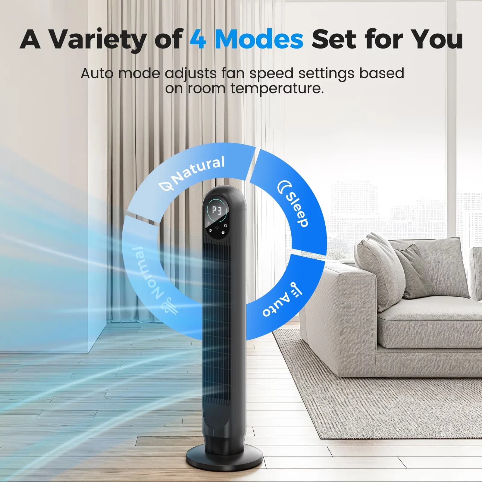 Modern Fans In Cooling with LED, Timer, Tower Fan - Black for Home 12H Model CC1C73