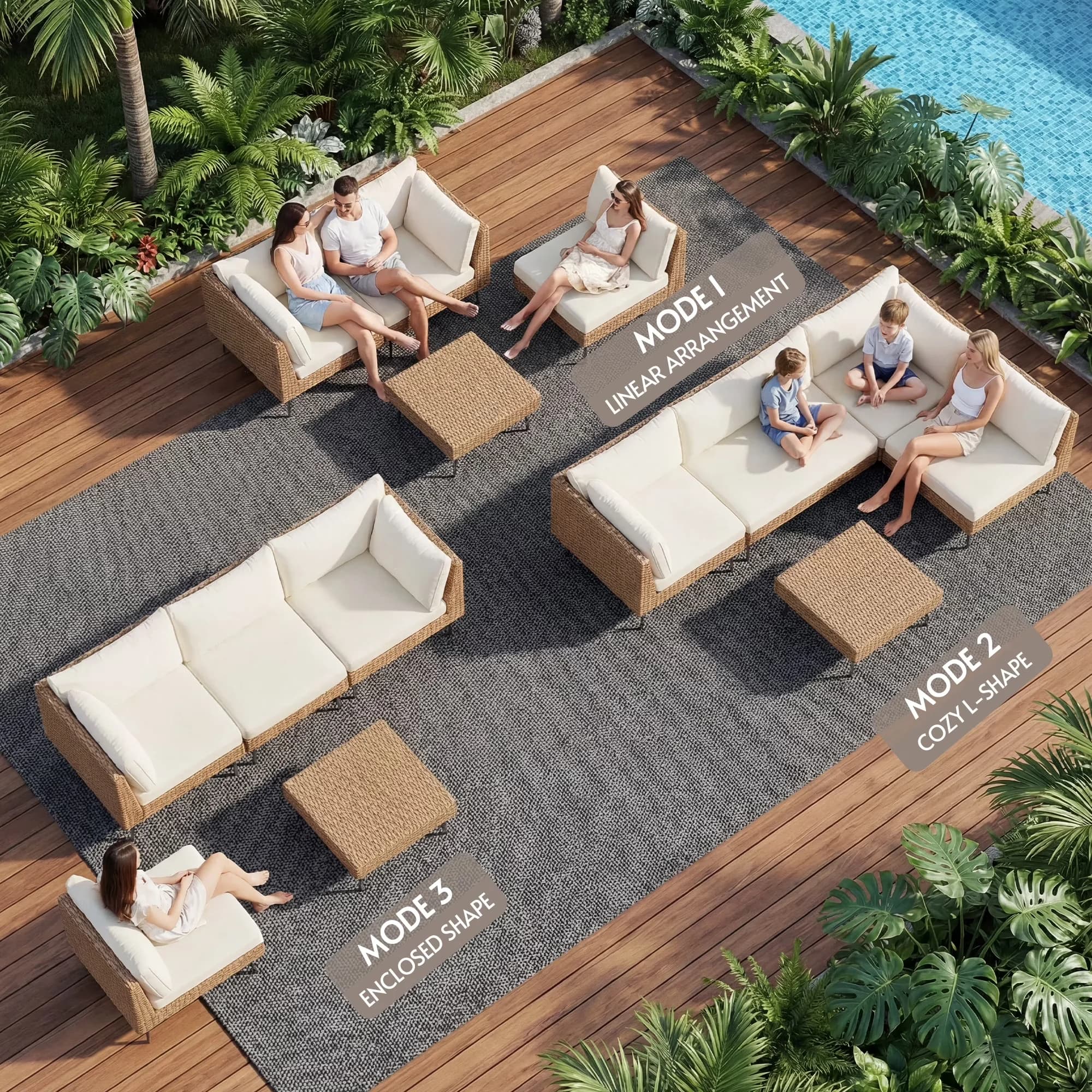 Sleek Patio Conversation Set with 4 Chairs & 1 Ottoman, All-Weather Sectional Sofa, Beige Cushions - Model EFB7E3