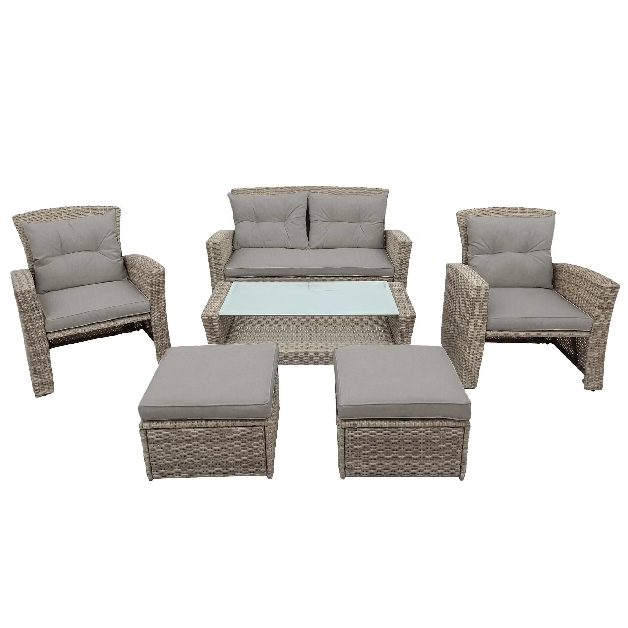 Essential Patio Conversation Set with All-Weather PE Rattan Sectional Sofa, Ottoman and Cushions - Gray Rattan for Garden Model 92D5A6