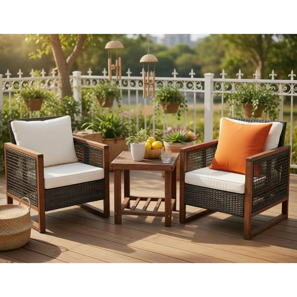 Premium Patio Conversation Set with Storage - Beige Rattan, Acacia Wood, Polyester Fabric, Sponge Model 4B4091