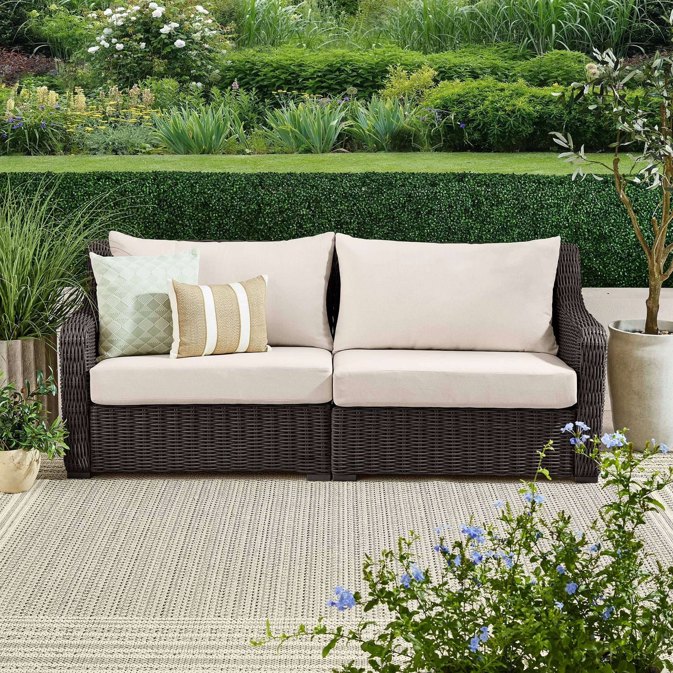 Premium Patio Chair with Removable Cushions, Bellamy Sofa, Dark Brown Wicker/Cream Cushions - Wicker Brown Model F8E923
