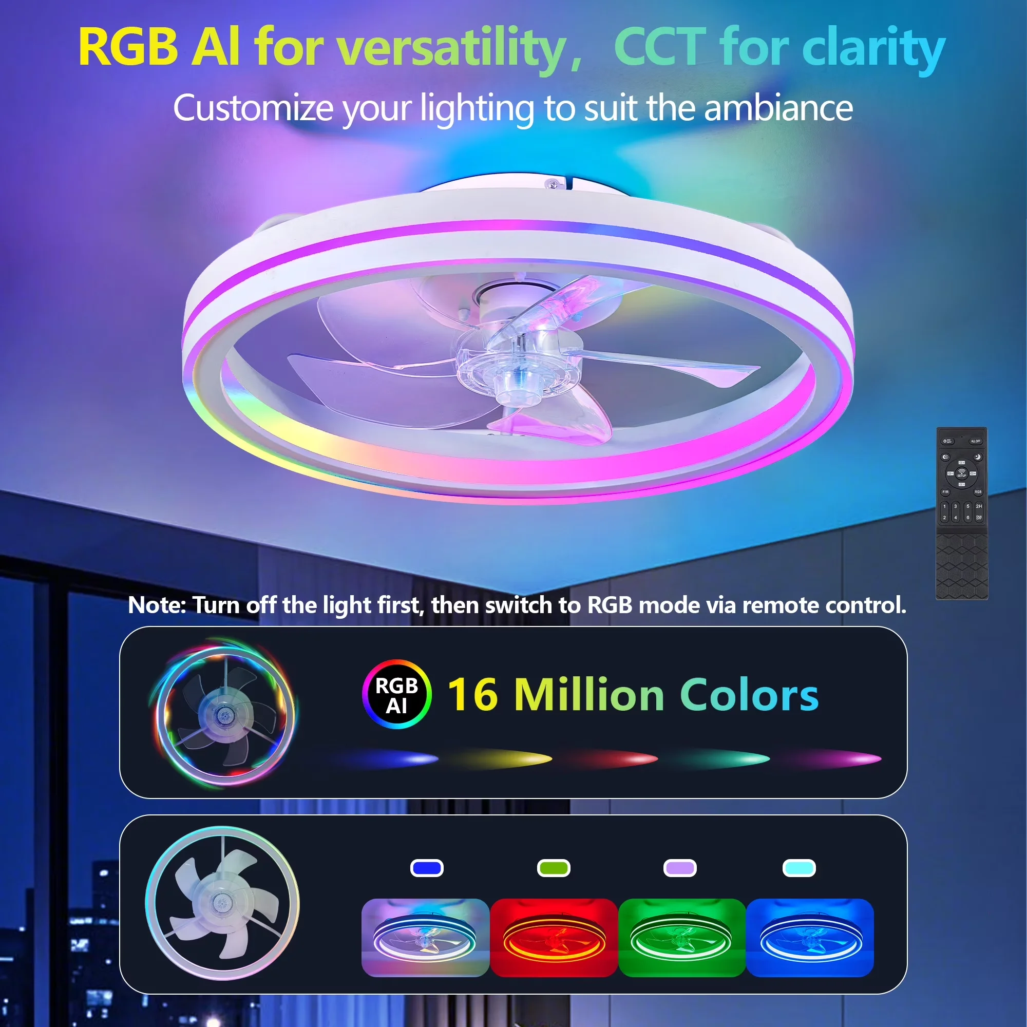 Stylish Ceiling Fan with LED, Reverse Airflow, 19-inch RGB bladeless - White Model F659F0