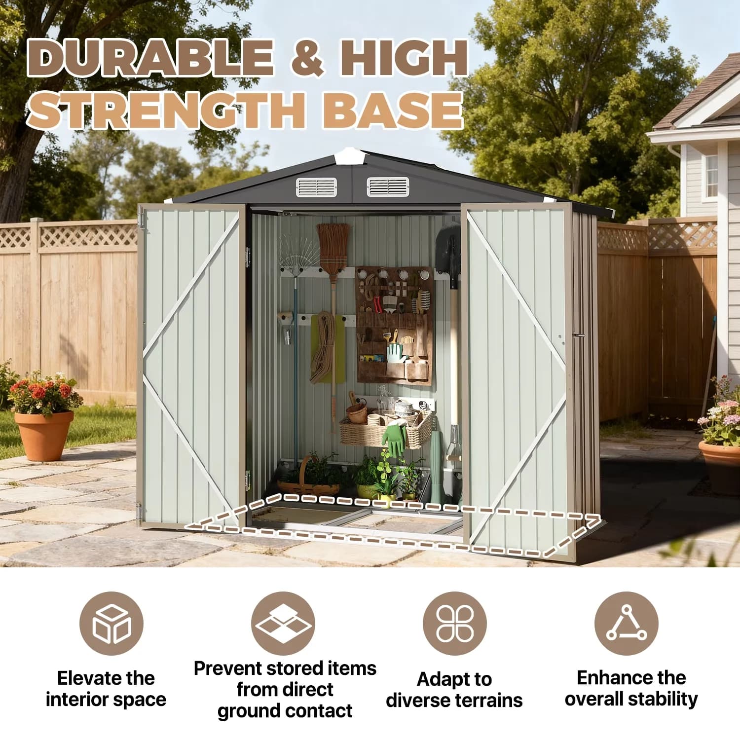 Shed Quality with Lockable Door, Vents & Secure Locking Doors, 6.2x4 FT Outdoor Storage - Brown Metal Model 86C7B1