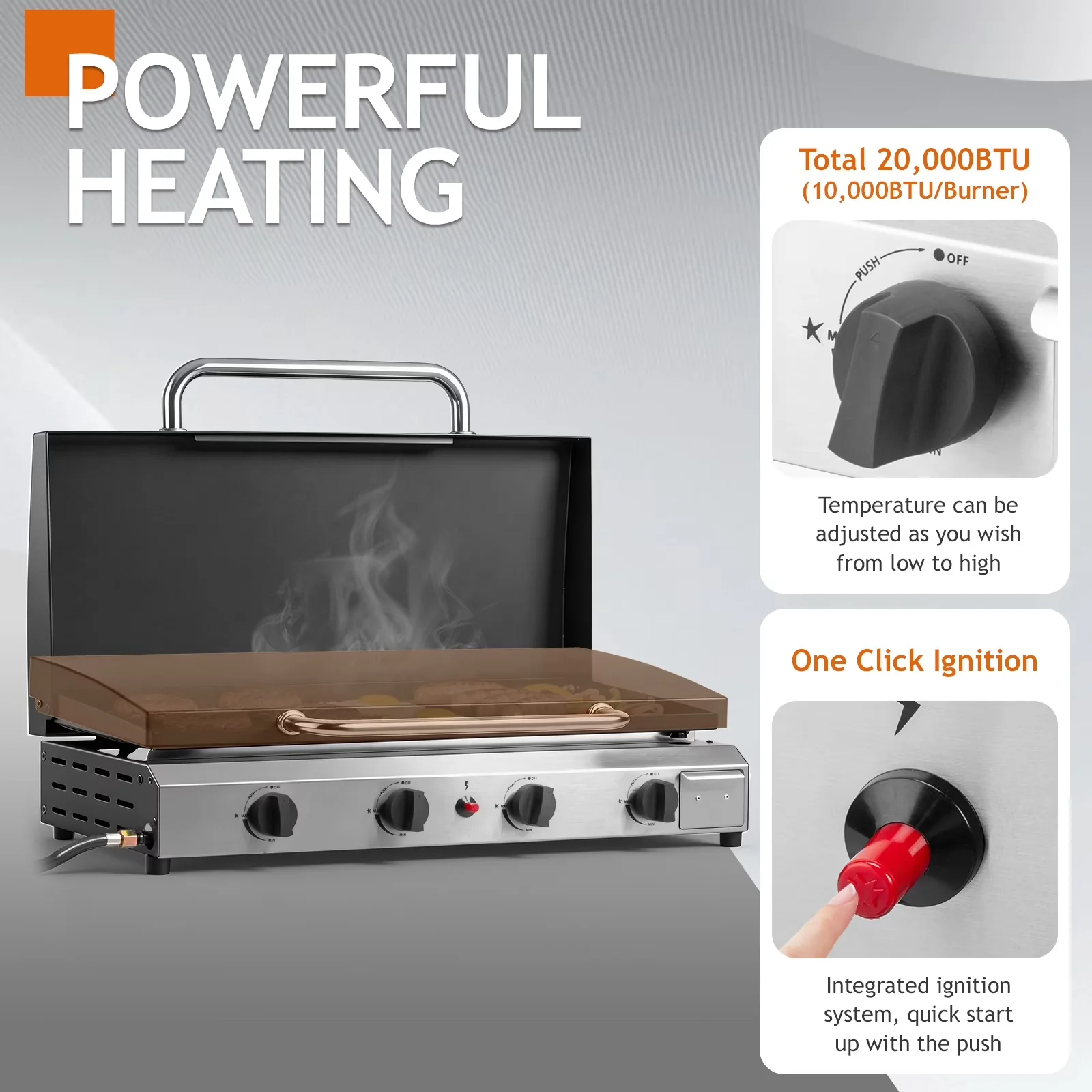 Gas Grill Compact with 40000 BTU, Portable, Lid - Cast Iron Burner - Satisfaction Guaranteed Model CC4B4B
