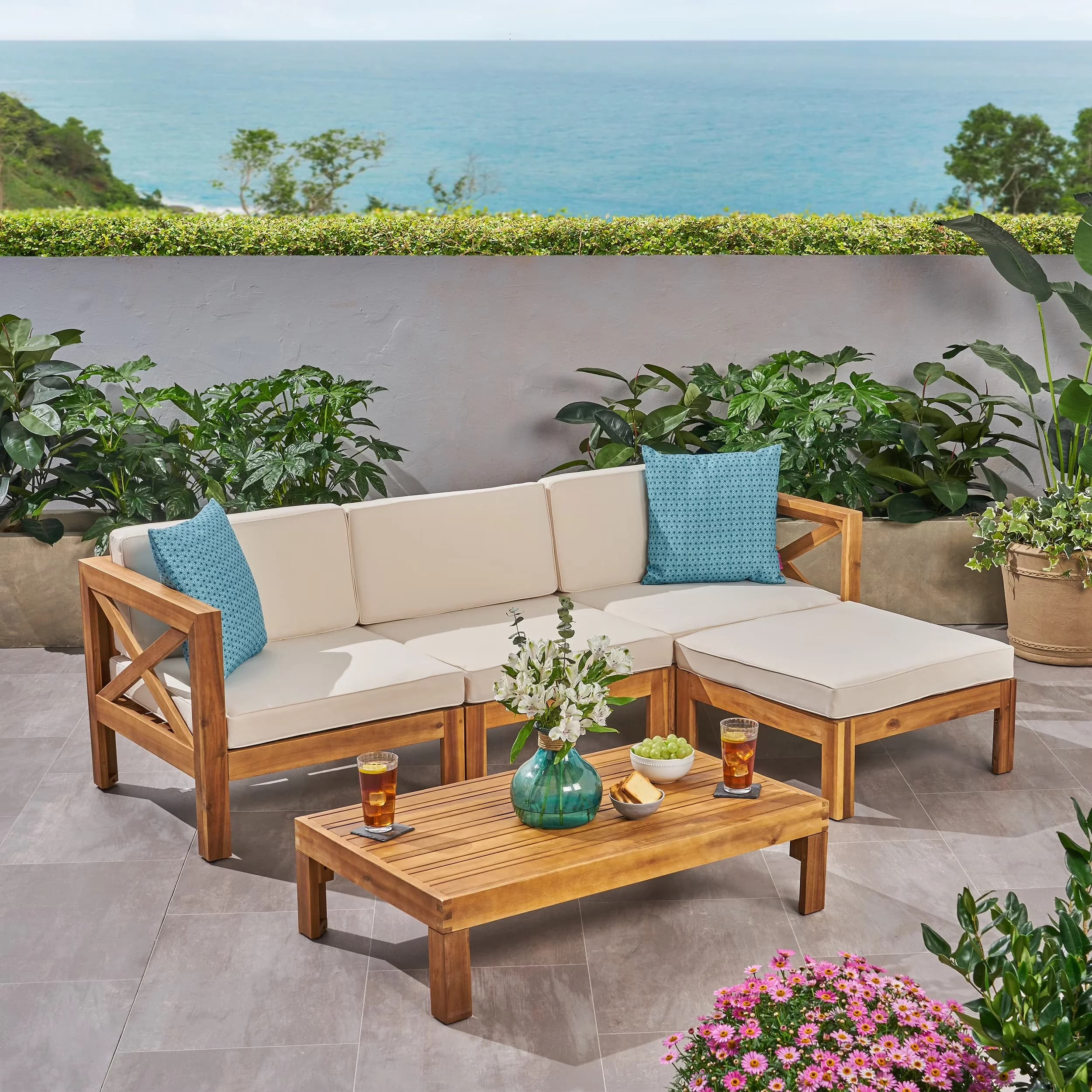 Compact Outdoor Sofas Sectional with L Shaped Sofa Set, Acacia Wood Frame Combined Couch - Acacia Wood Beige for Patio, Garden Model 2B3347