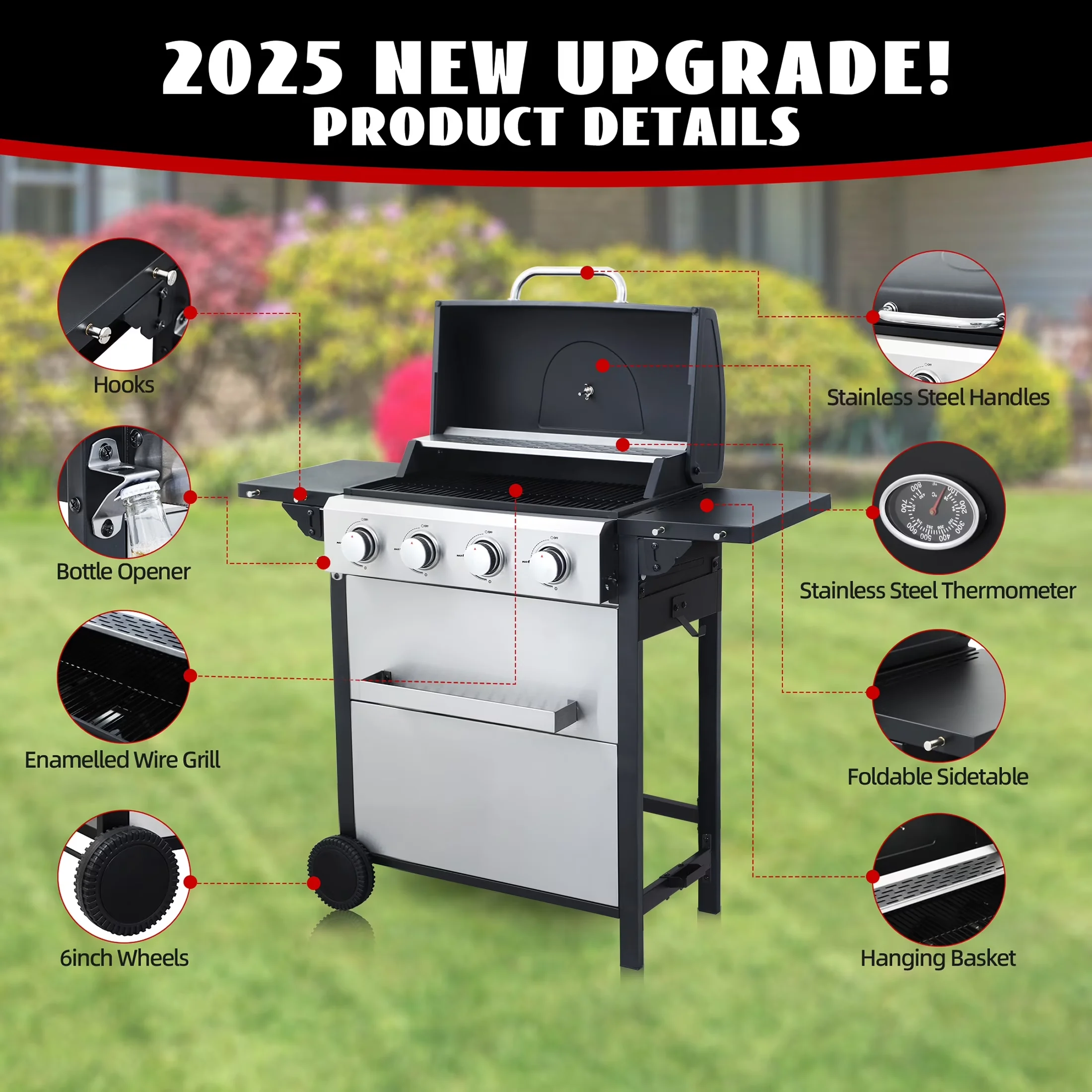 Quality Gas Grill with 34200 BTU, Warming Rack, Storage Rack - Stainless Steel Silver Model AEF92D