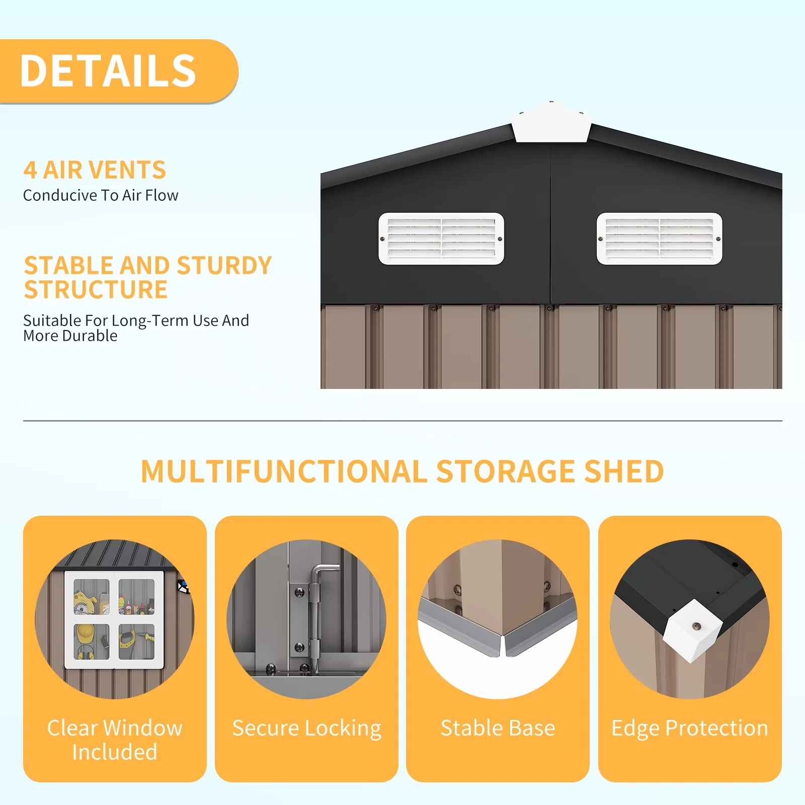 Sleek Shed with Lockable Doors, Ideal, 8x10 FT Utility Garden Outdoor Storage - Metal Brown for Patio Model 6ADB49
