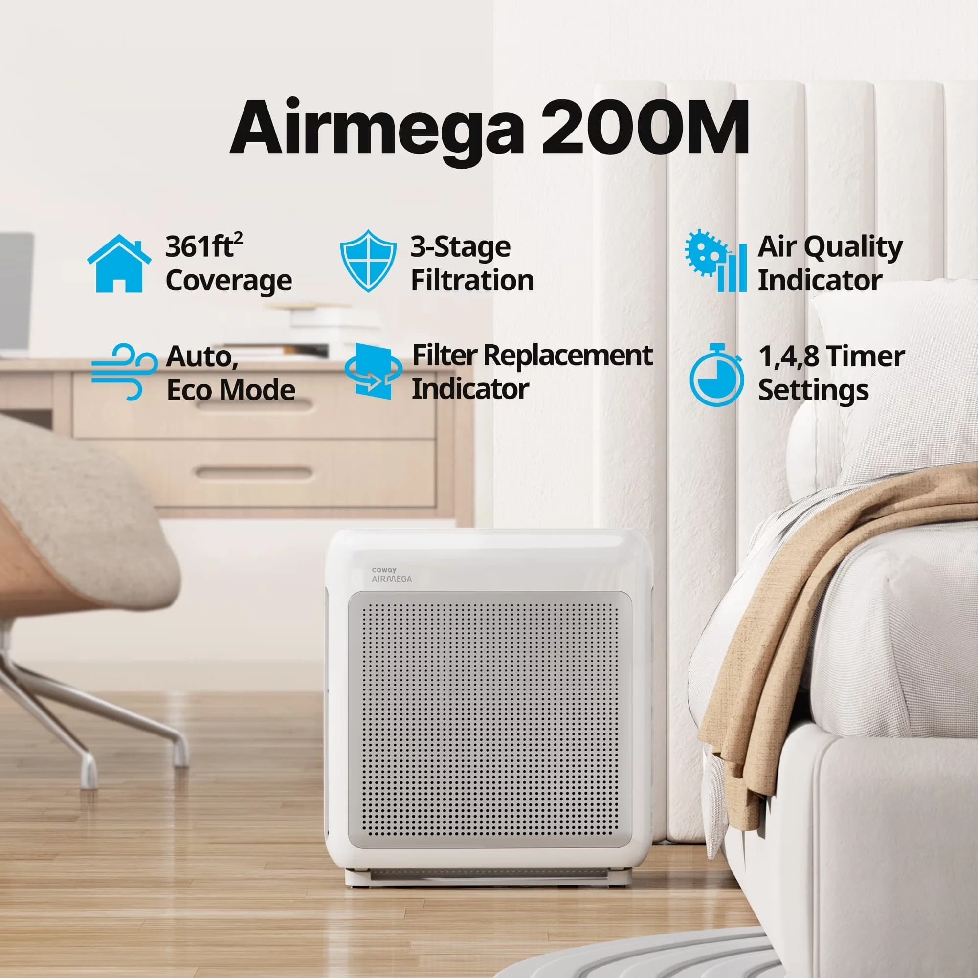 Air Purifier Compact with Variable Speed, Filter Change Indicator, Airmega 200M True HEPA - Model A06AB9