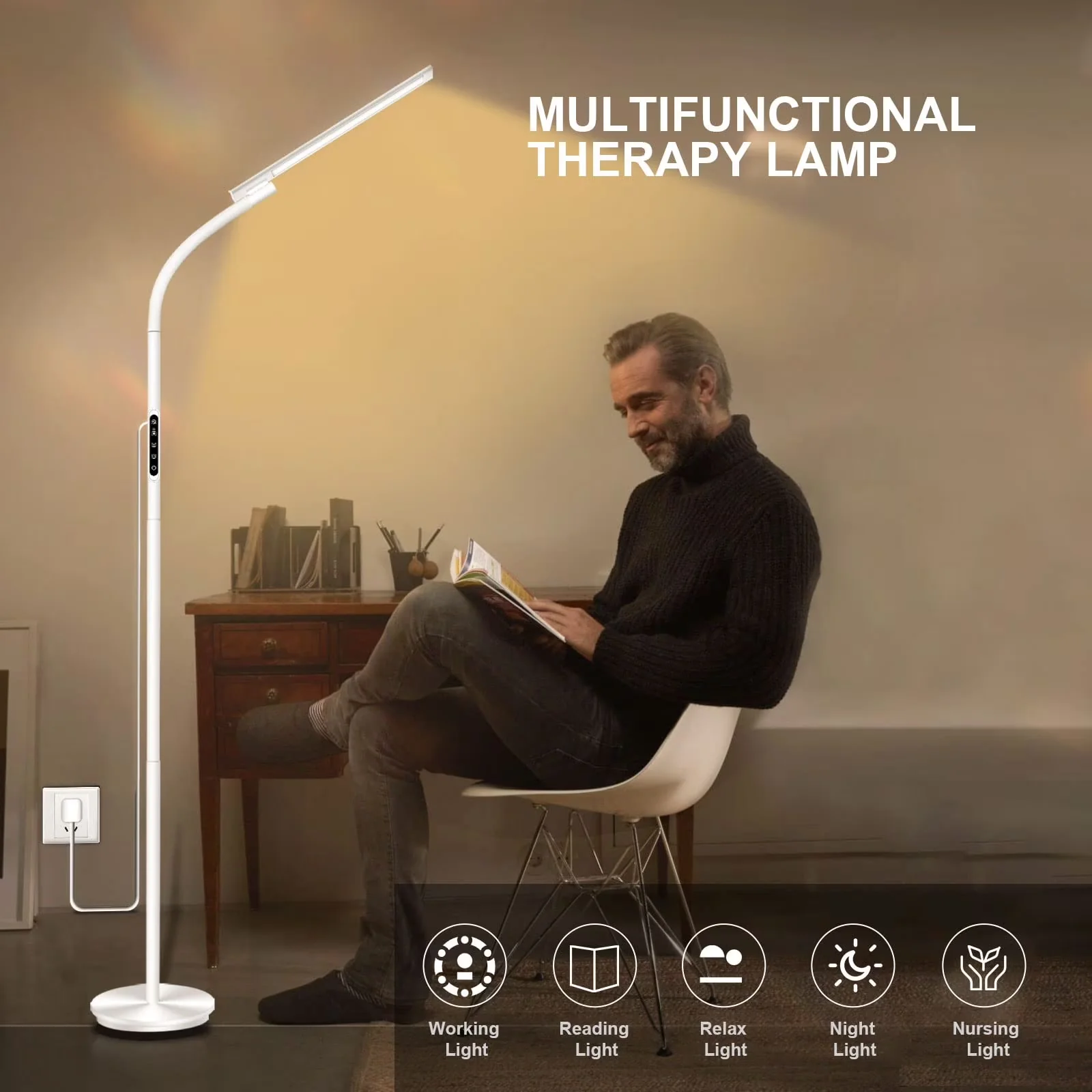 Efficient Desk Lamp with LED, Adjustable Height, Light Therapy - Metal White Model C3F307