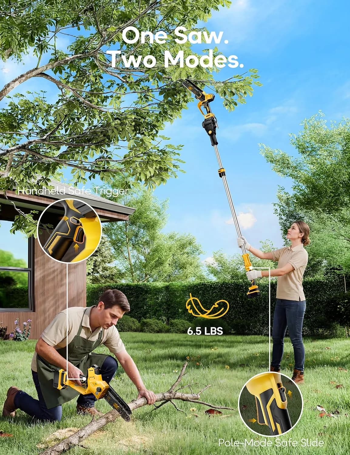 Durable Pole Saw with Battery, 20V, Telescoping - Yellow for Everyday Use Model 0CC97F