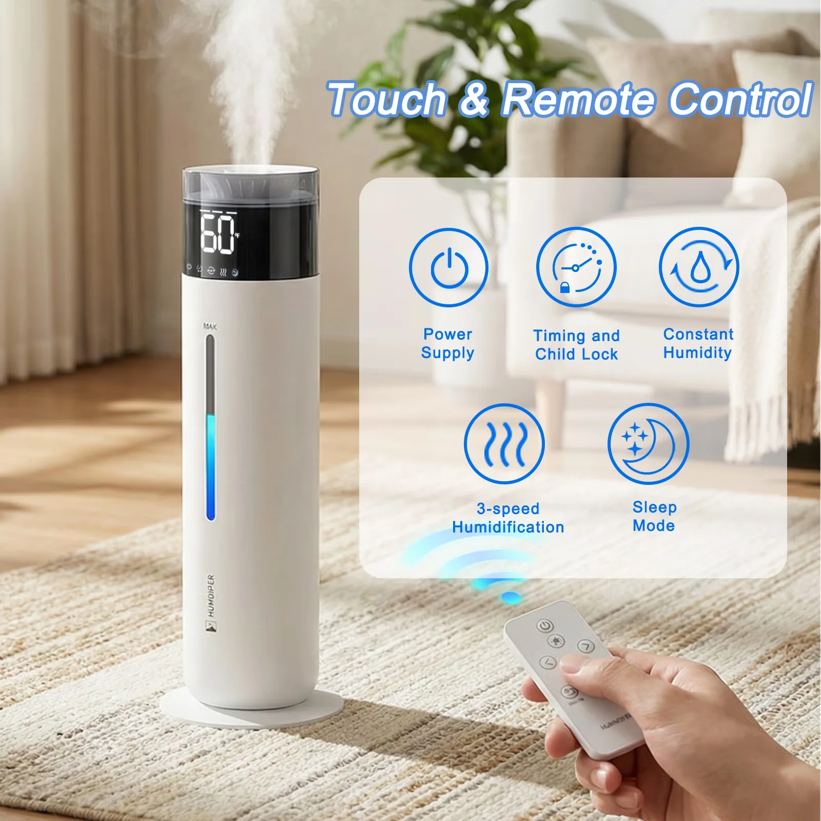 Premium Humidifier with Adjustable Humidistat, Automatic Shut-Off, Timer - White Model D8F09C