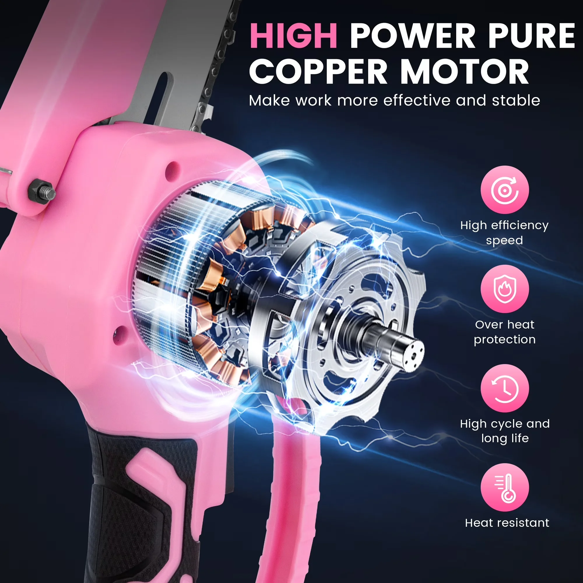 Chainsaw Classic with Battery, 21V, Tool-Less Chain Tensioning - Pink - Low Maintenance Model 541295