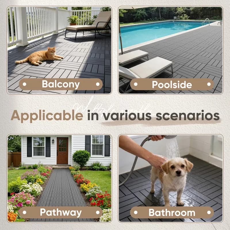 Building Material Premium with Easy Installation, 44-Pack Interlocking Deck Tiles - Plastic Gray Model 15195D