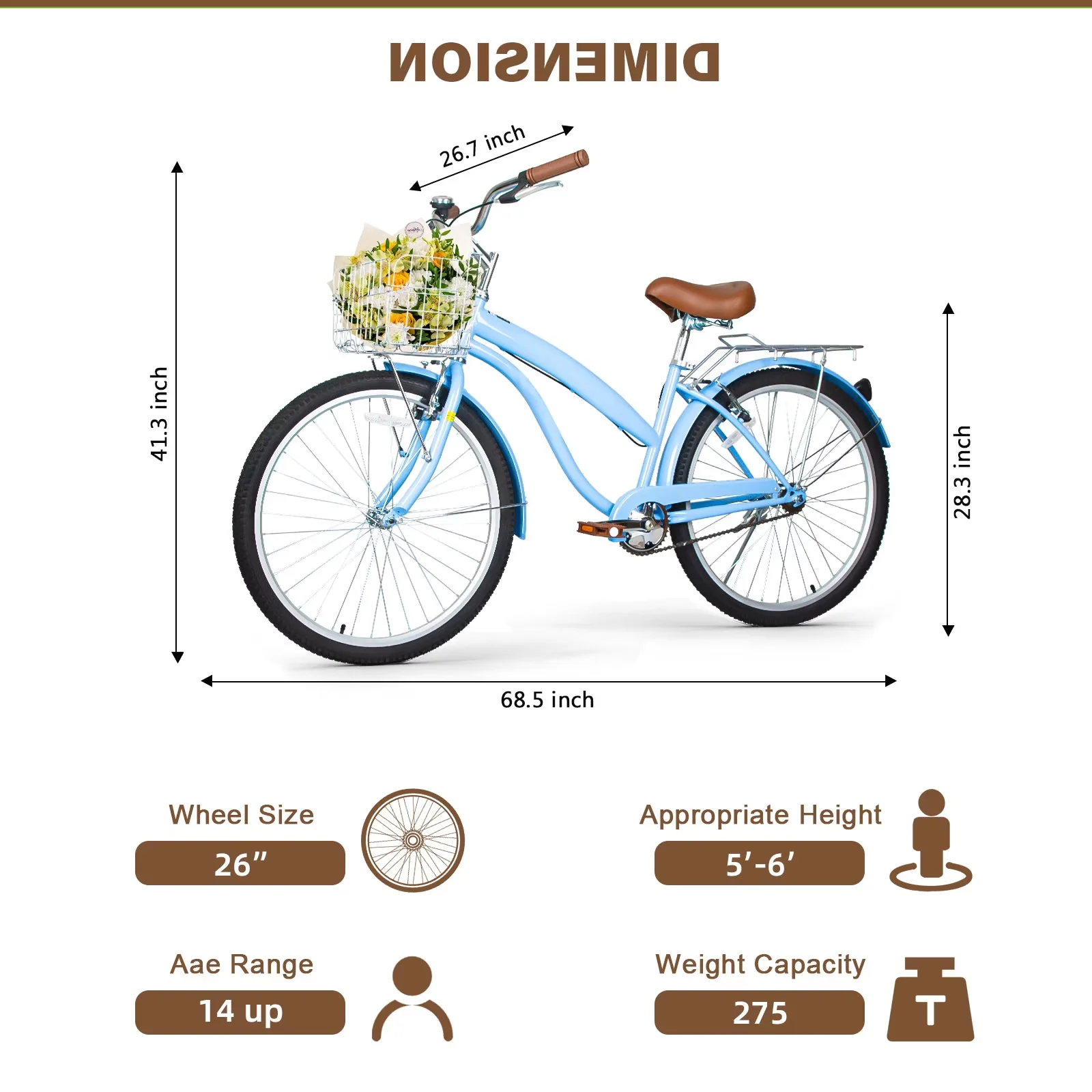Modern Cruiser Bike with Adjustable Seat, 26 in Beach Bicycle - Blue 60-72 Model 201FFF