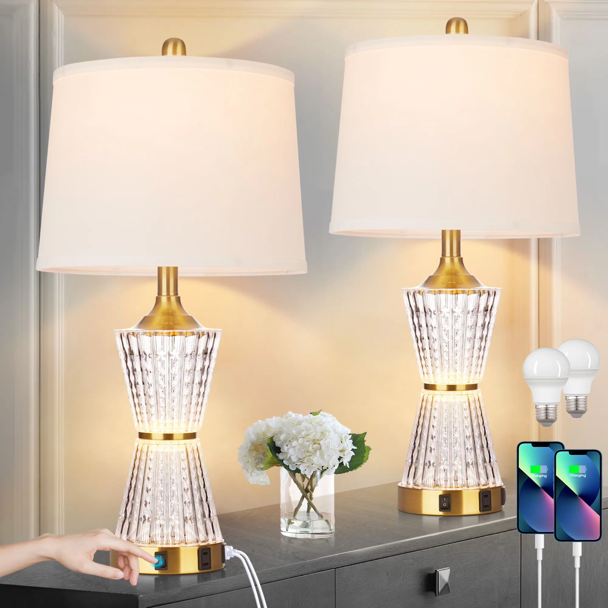 Stylish Lamp Set with LED, Bedside Lamps, Usb Port - Acrylic Gold 2in1 Model 74DF43