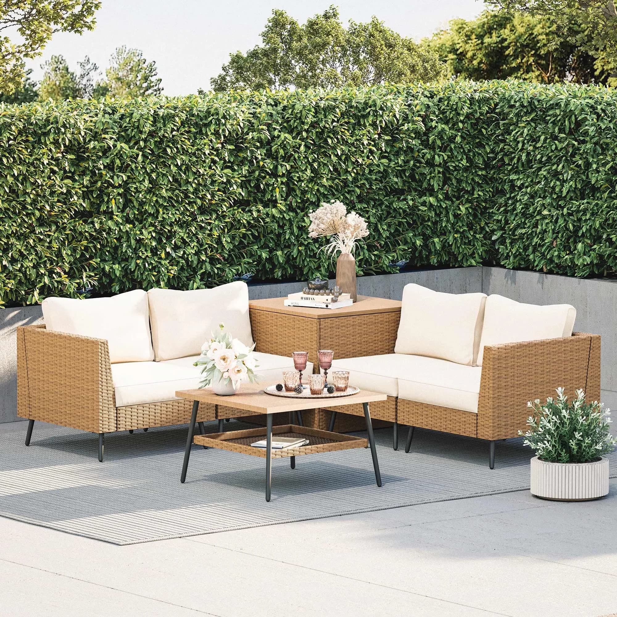 Compact Patio Conversation Set with Storage, Weatherproof, 6-Piece Furniture - Steel, Pe Wicker Model 26E130
