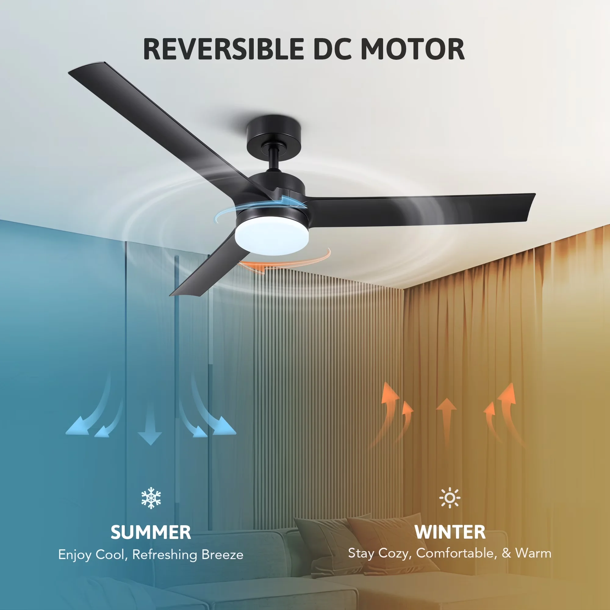 Quality Ceiling Fan with LED, Mid-Century, Dimmable - Acrylic Black 52in Model 97C70B