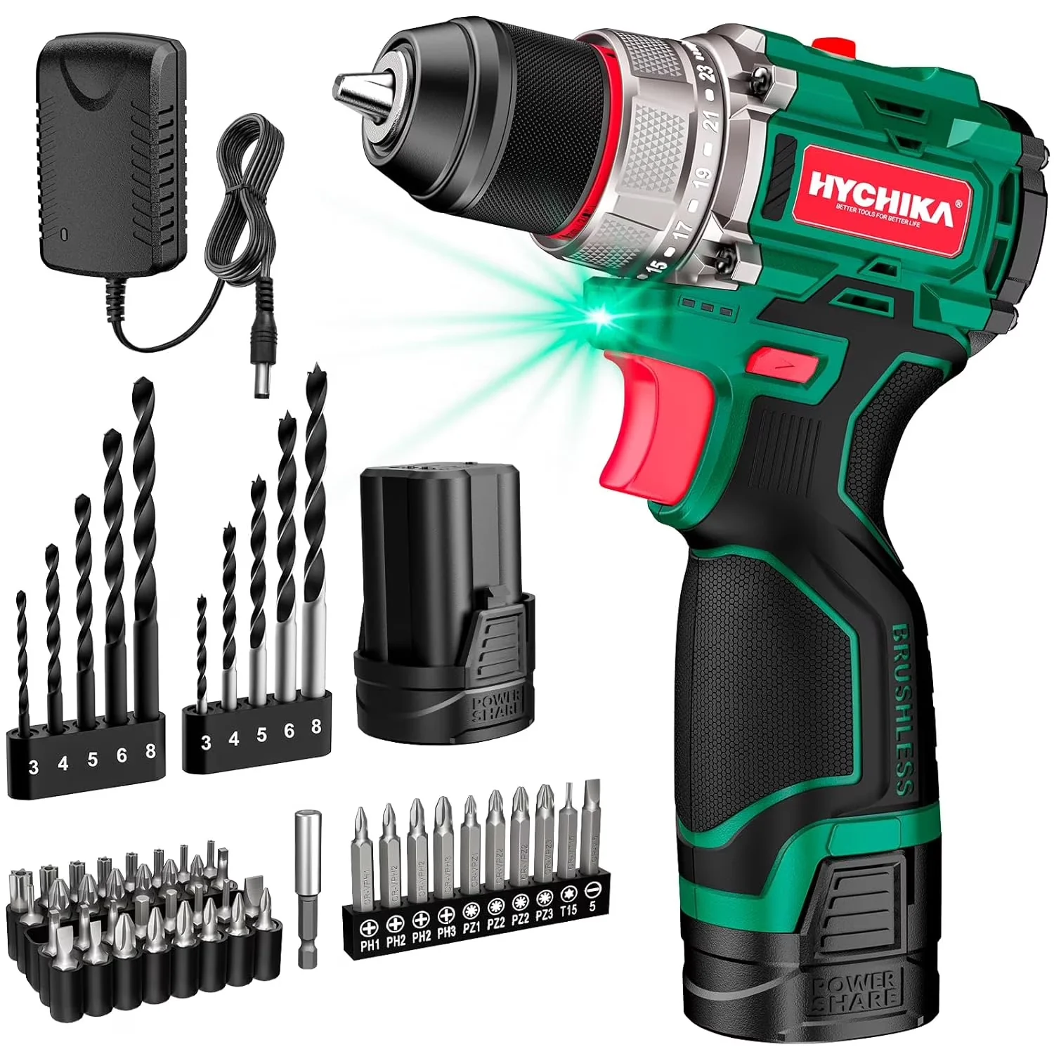 Durable Drills Driver with Battery, LED, Drill Set - Green 3/8 - Easy to Use Model 460102