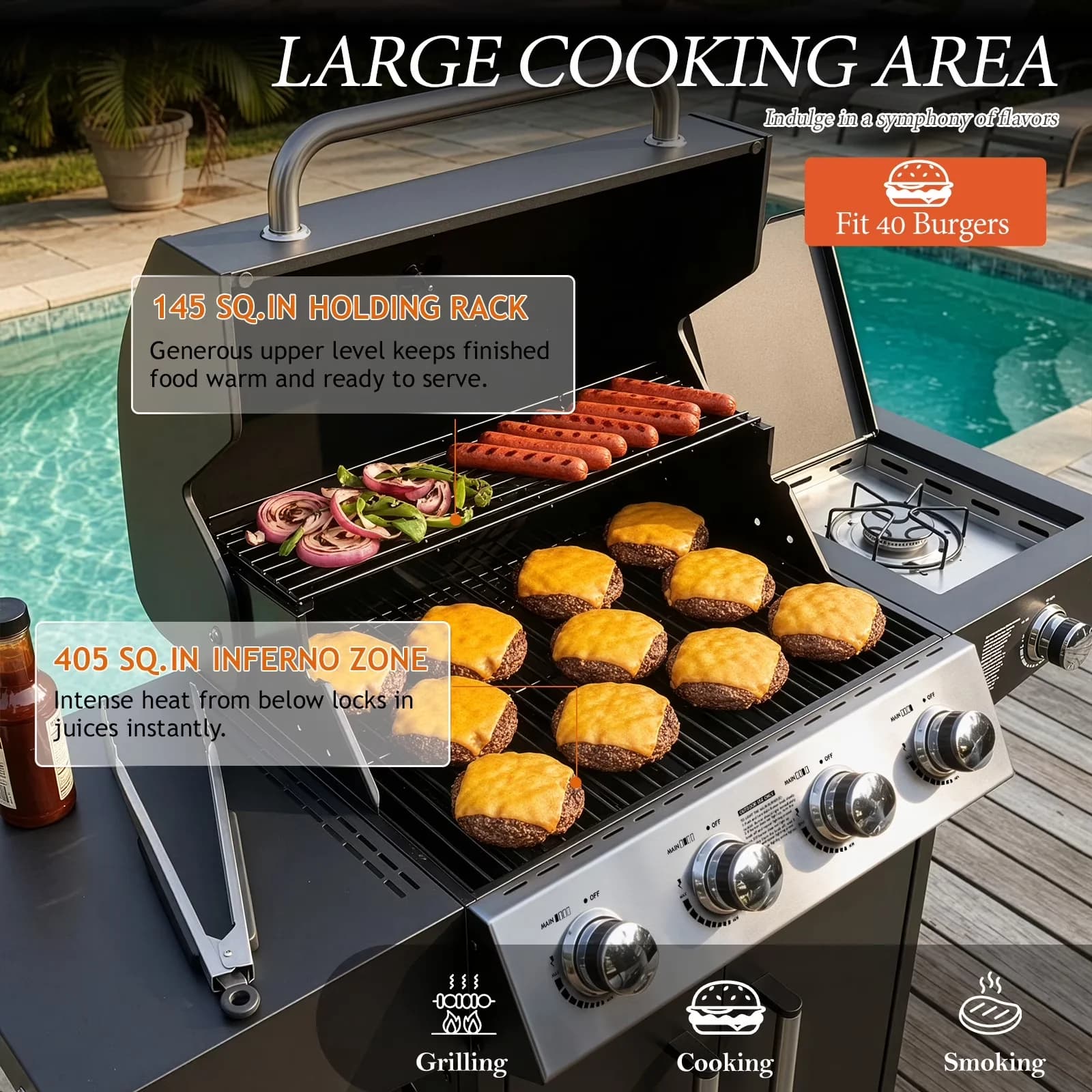 Gas Grill Efficient with 58000 BTU, Rust Resistant, Storage Rack - Stainless Steel Black Model 480560
