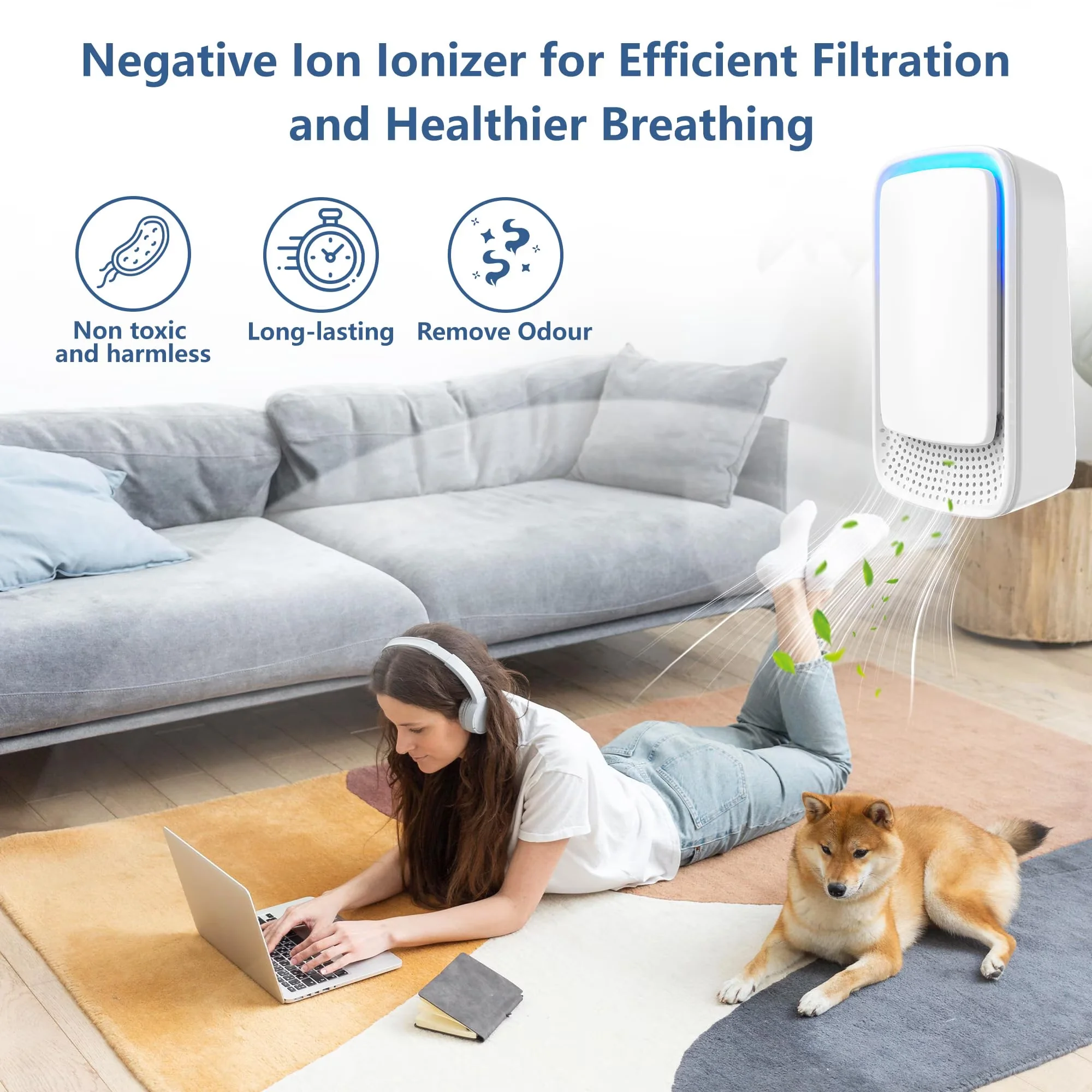 Air Purifier Stylish with 2 Pack Plug-In Negative Ion Ionizer for Home, Office - Model 2BDCB1