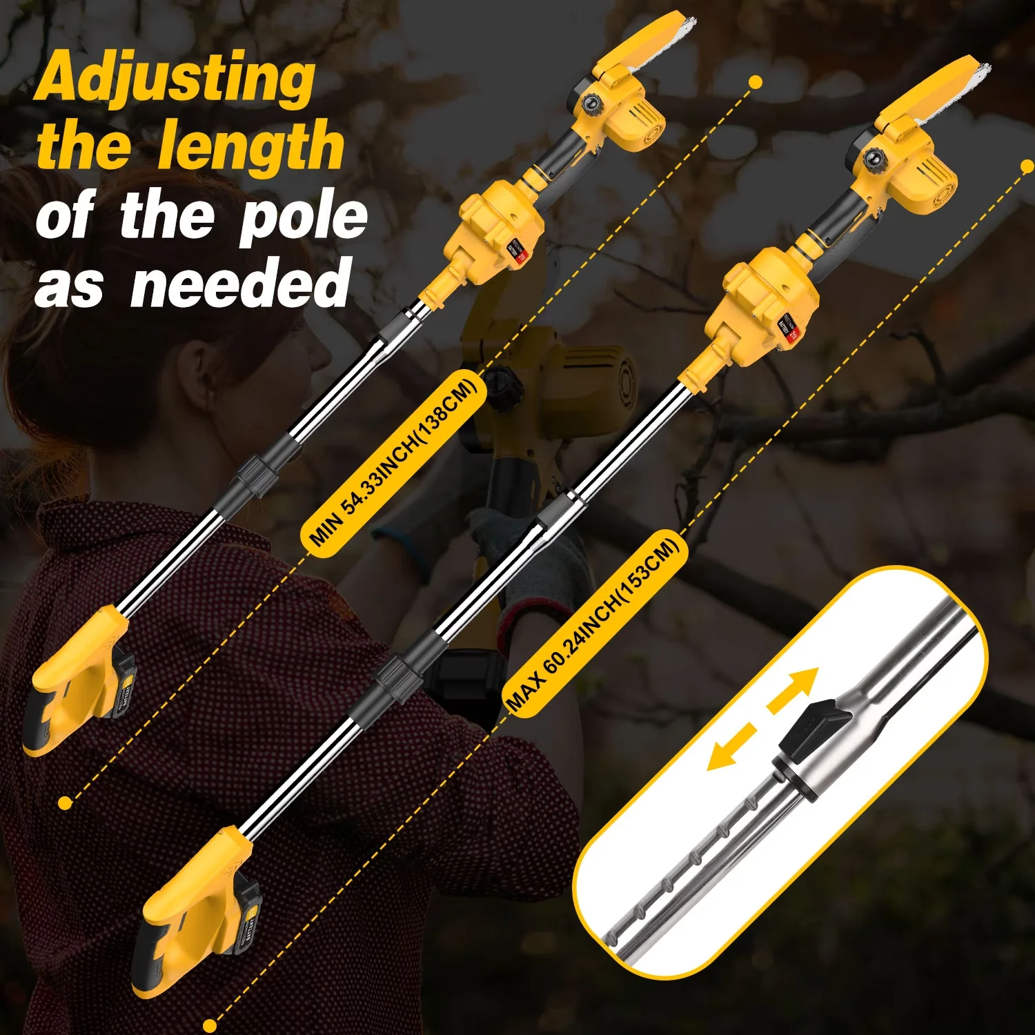Pole Saw Premium with Battery, Chain Brake, 2 x 3.0Ah Battery - Yellow Model 04F026
