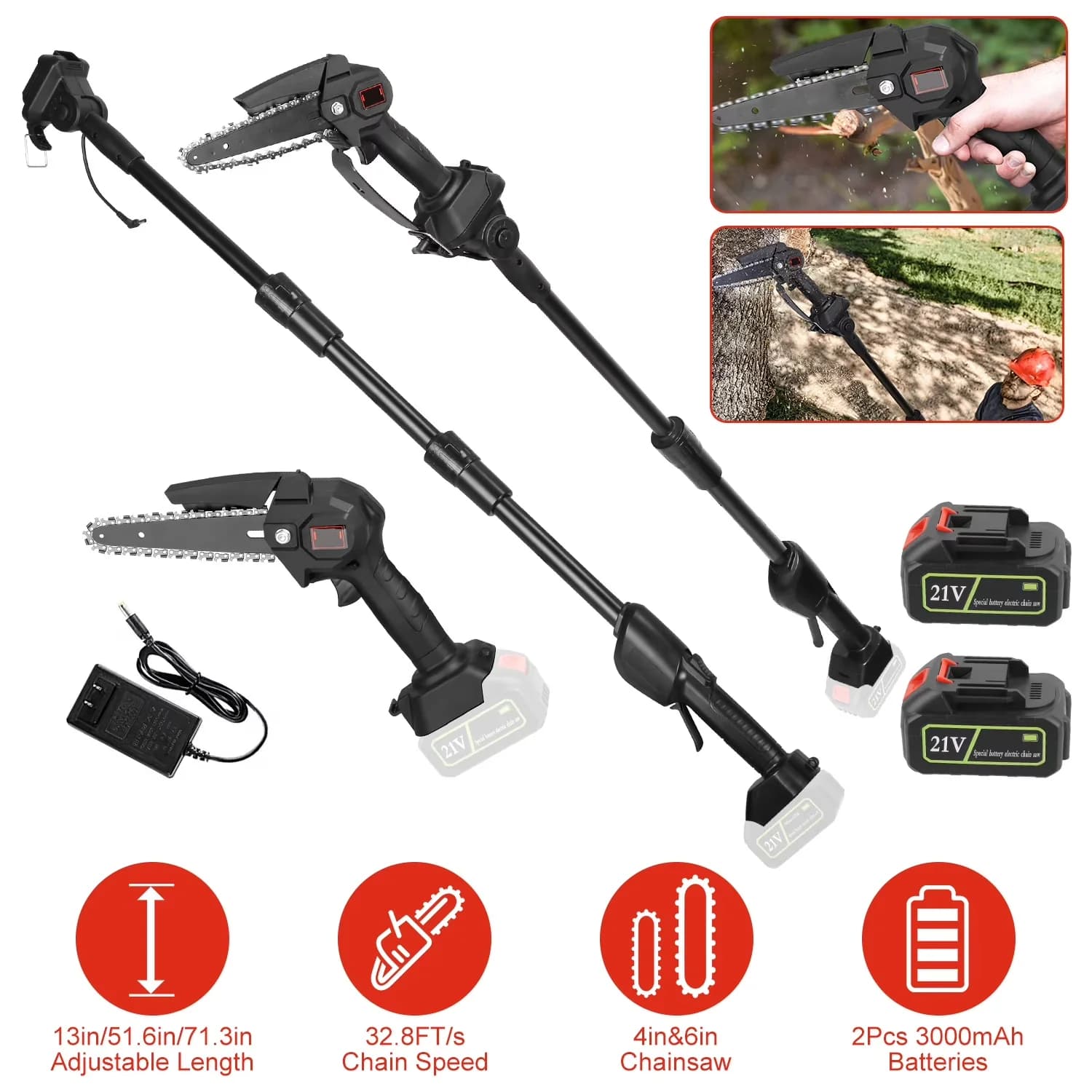 Chainsaw Durable with Battery, 21V, Telescoping - Black for Home and Office Model 3B5DE7