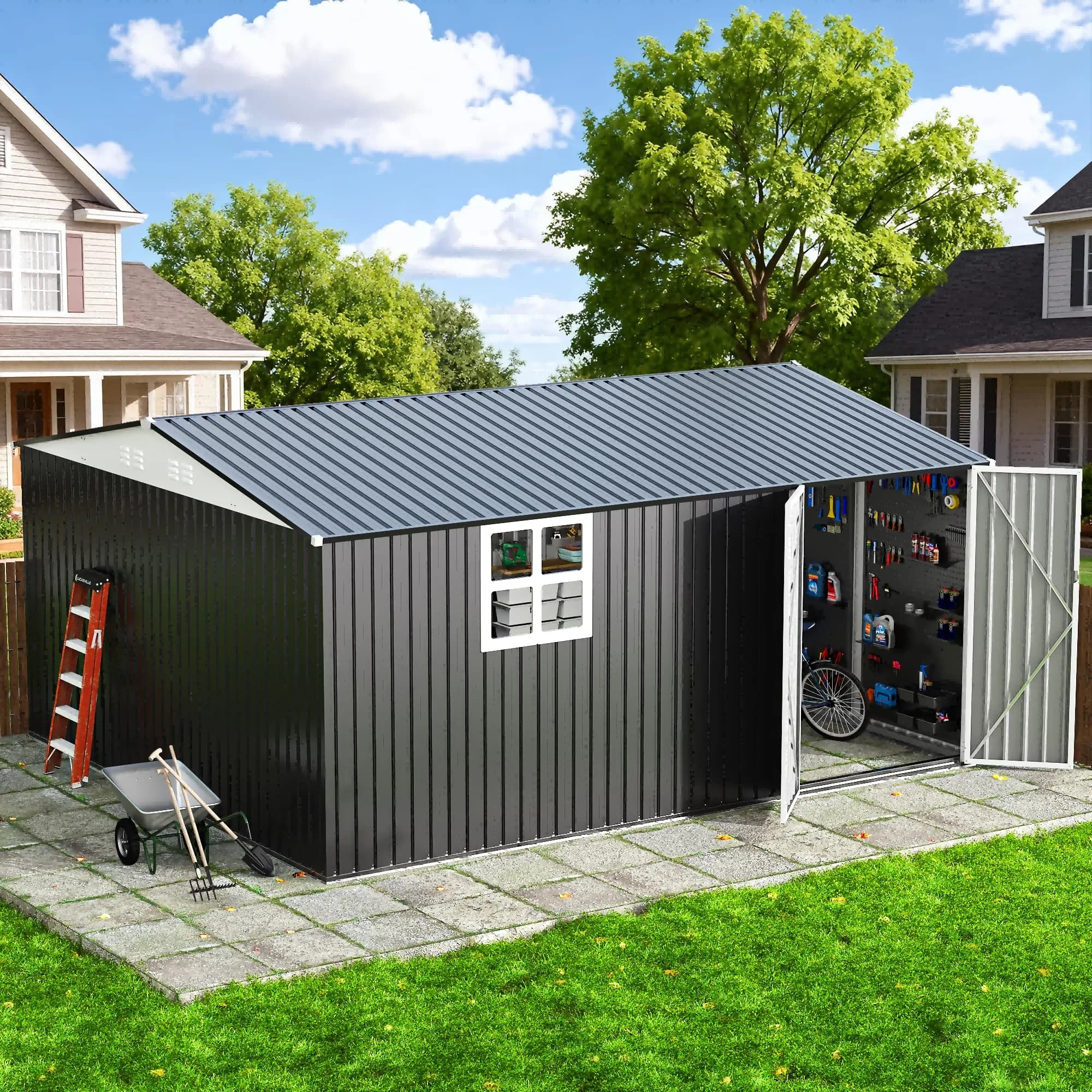 Shed Innovative with Uv Resistant, Water-Resistant, 12'x14' Outdoor Metal Storage Garden - Metal Gray Model BF9750